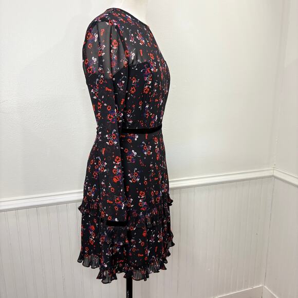 Lulus S Mini Dress Black Long Sleeve Floral Chiffon Ruffle Pleat Sheer Cottage - Picture 13 of 14